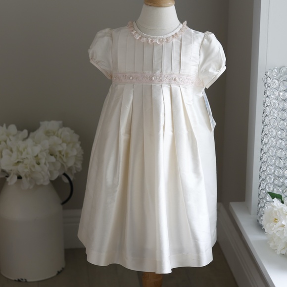 Ivory Silk Dress ELEGANT Pink Trim FLOWER GIRL Special Occasion Luli & Me NWT - Picture 1 of 11